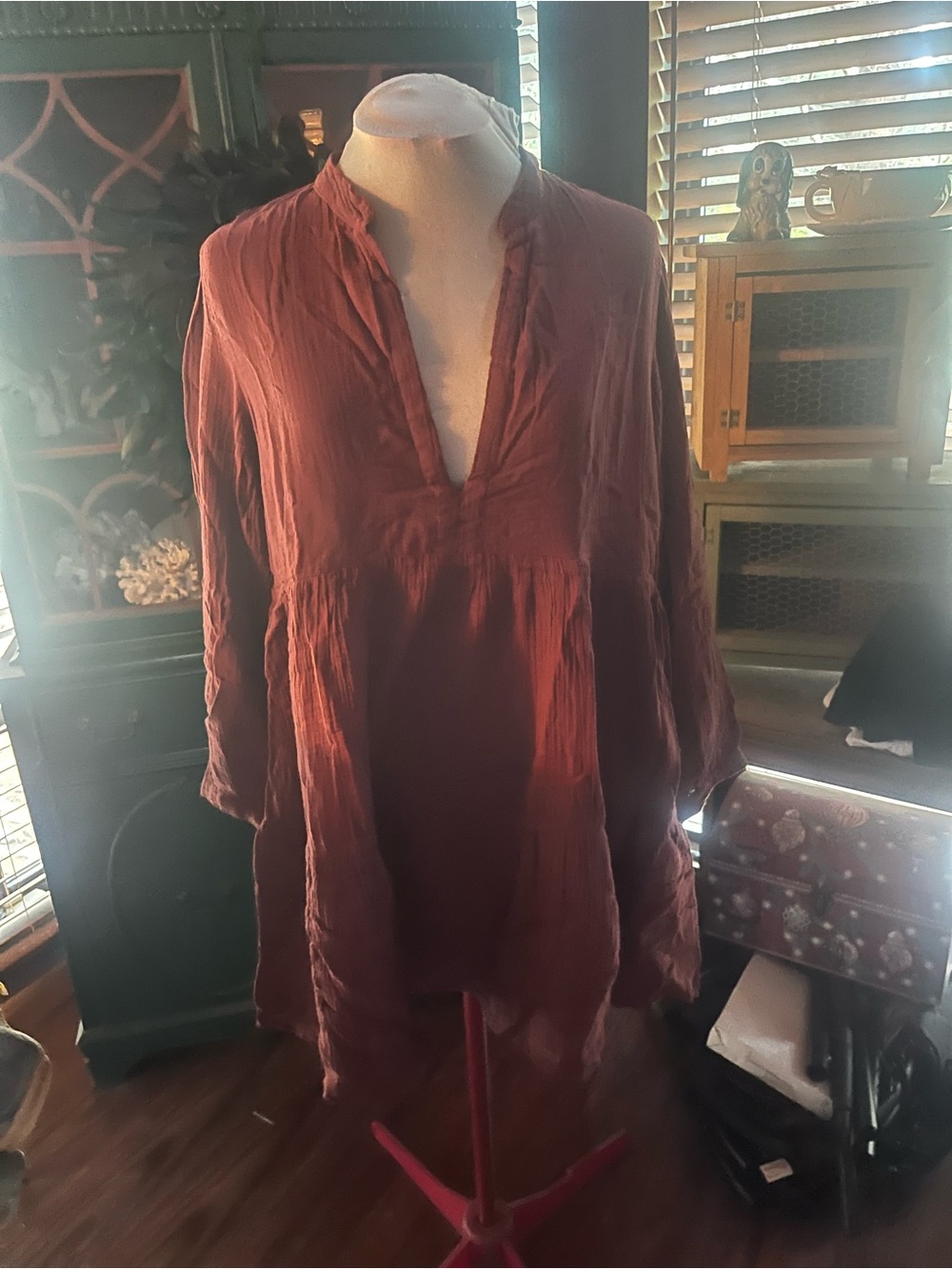 Anthropologie Kallie Women’s  Long Sleeve Peasant Tunic dress Burgundy red XL